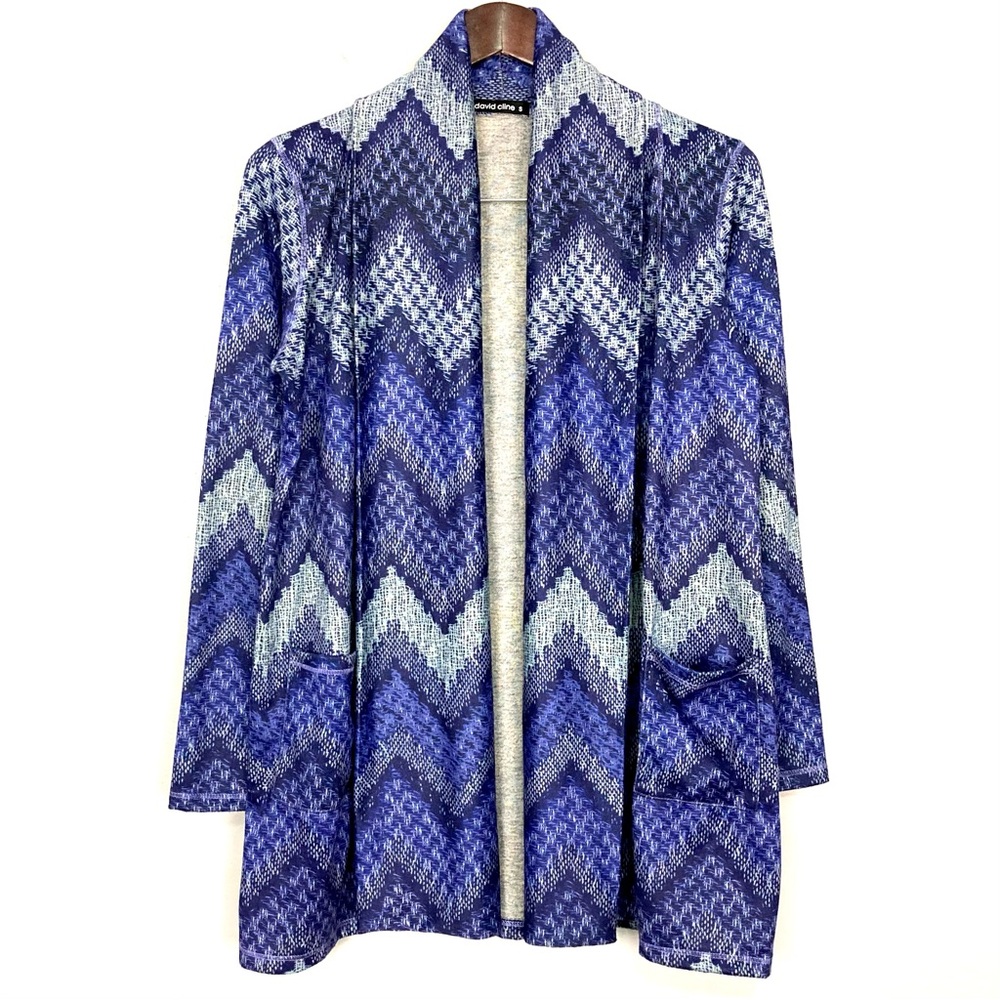 David Cline Chevron Knit Cardigan Women’s Sz S Open Front Midi Pockets Colorful